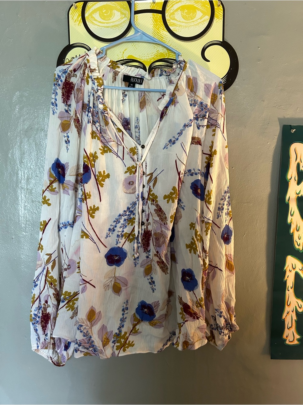 a.n.a White Floral Split-Neck Blouse with Blue & Mustard Print